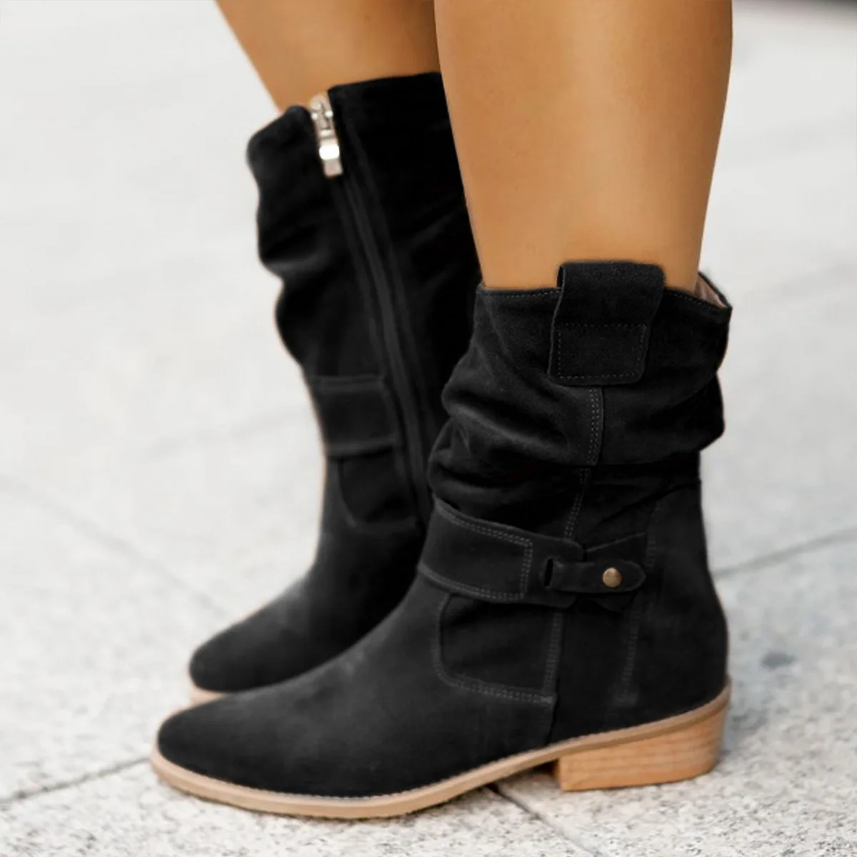 Nuevas botas de invierno para mujer, botines de ante de tacón bajo grande 40-43 para mujer, Botas Largas marrones