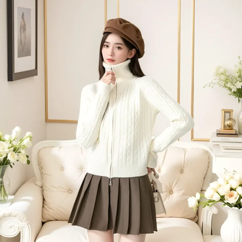 

Chic Short Turtleneck Cardigan Knitwear Women Outer Wear Autumn Winter New Long Sleeve Loose Zipper Knitte Cardigan Sweater Tops