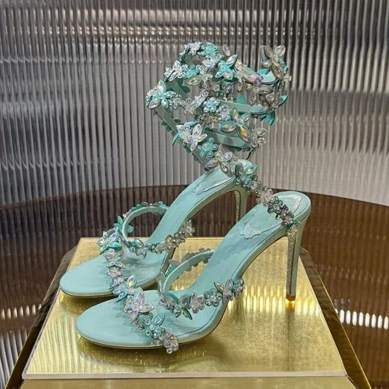 المرأة رقيقة عالية الكعب حزام مطاط صنادل طراز جلاديتور بلينغ حجر الراين زهرة ديكور Sandalias الصيف فستان وصيفة الشرف الأحذية