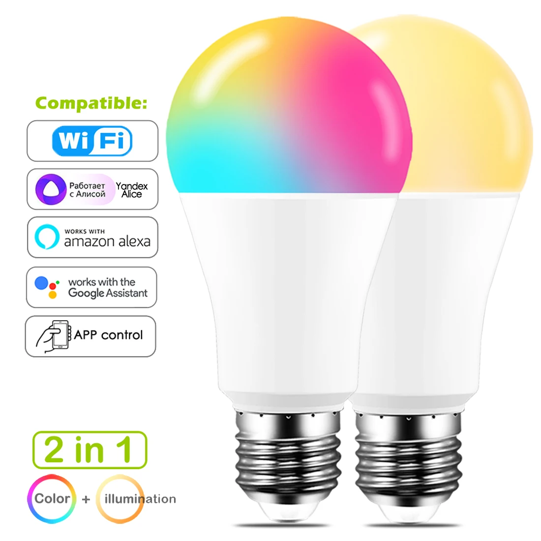 Yandex-bombilla inteligente Alice, luz RGB E27 de 15W con WiFi, 220V y 110V, regulable, con Control de voz y asistente de Google Home Alexa