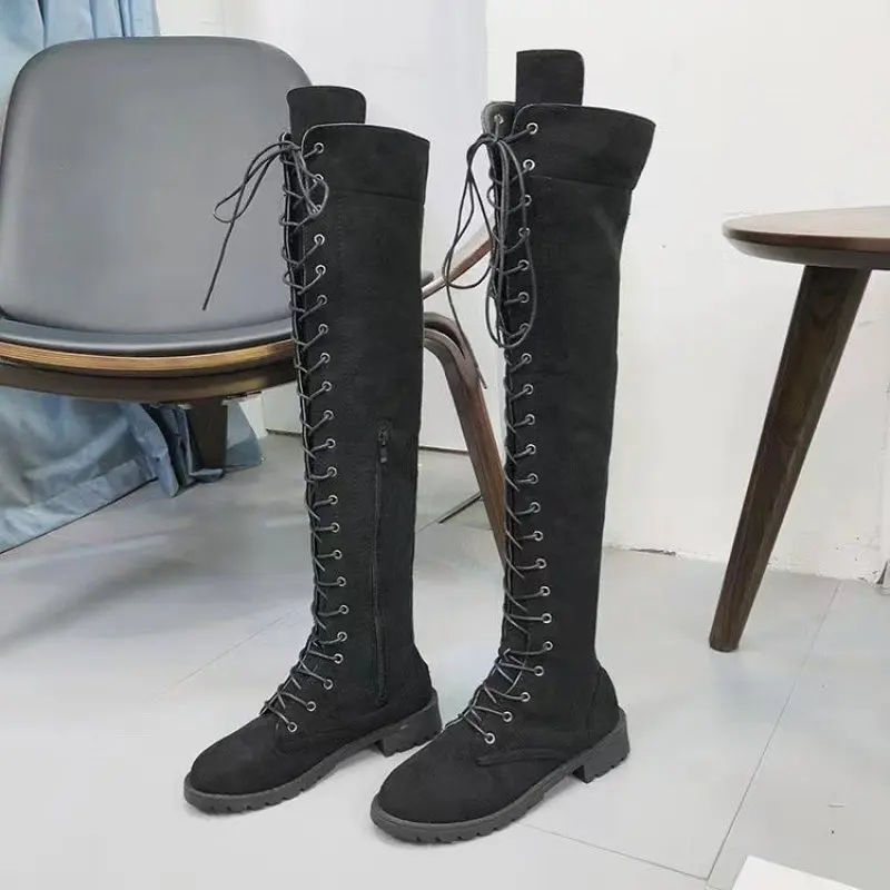 Casual Women's Boots Low Heels Flock Winter Over Knee Boots for Woman Lace Up Fashion Female Thigh High Boots Fashion Plus Size