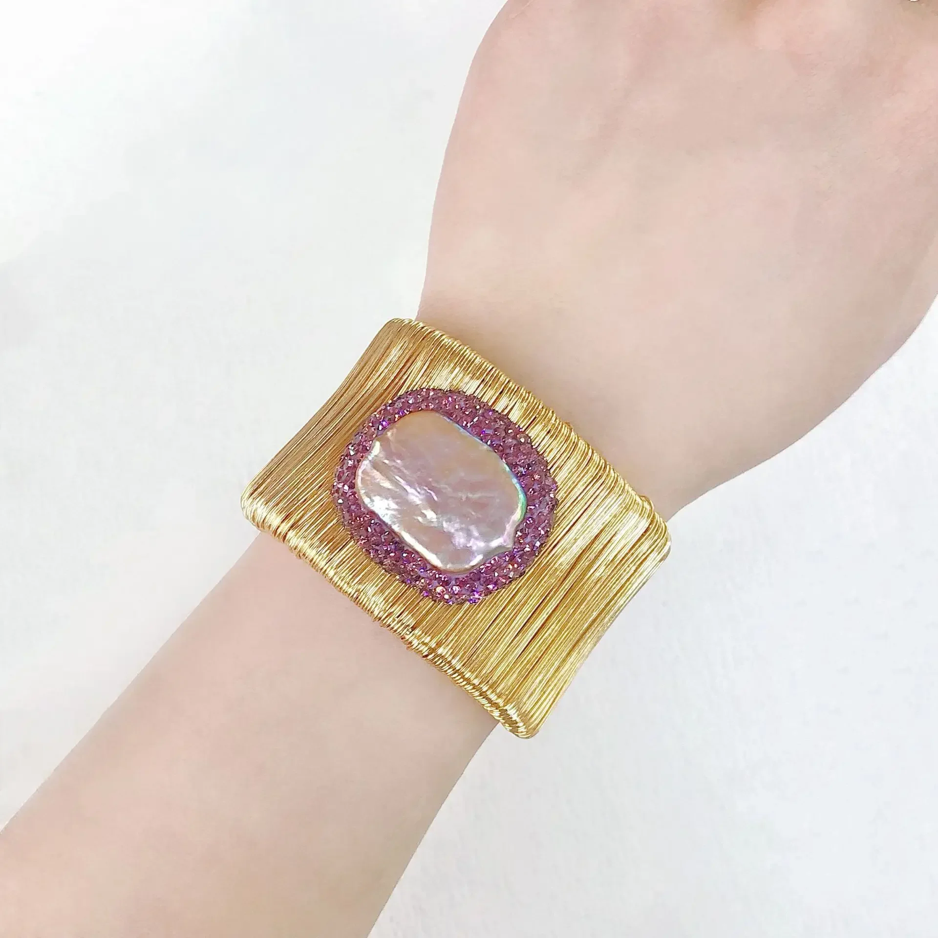 Purple square Baroque freshwater pearl bracelet copper-plated wire wound wide edge bracelet for Women Party Accessory
