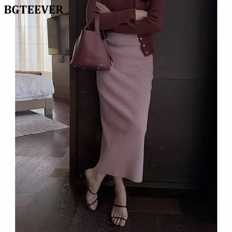 

BGTEEVER Fashion High Waist Autumn Winter Ladies Package Hip Sweater Skirts Stylish Women Skinny Knitted Mid-Length Skirts