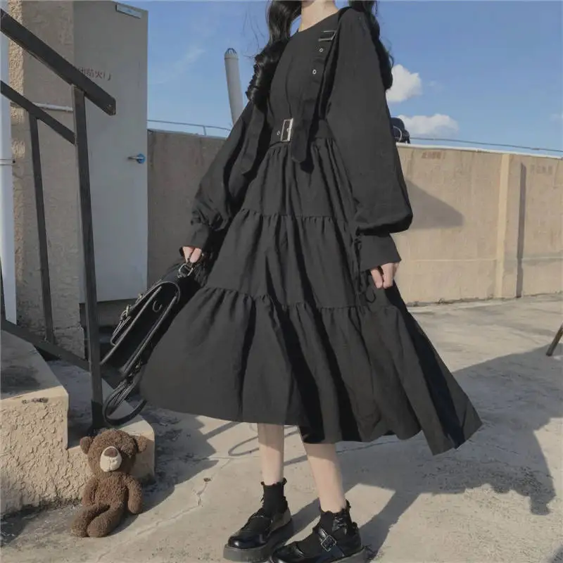 Women Solid Ruffles Japanese Style Gothic Chic Long Sleeve Dress Lolita All-match Simple Solid O-neck Elegant Harajuku Mid-calf