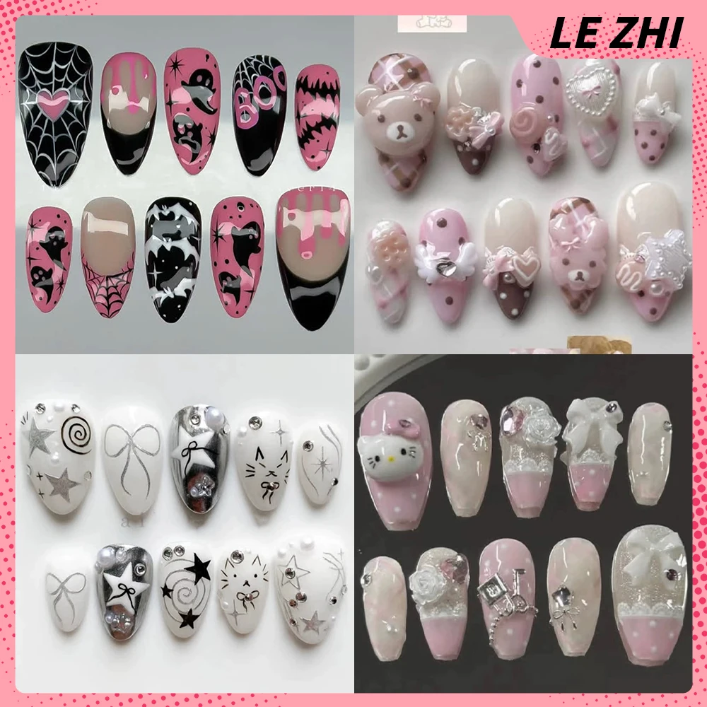 

Cartoon Cute Hello Kitty My Melody Kuromi Handmade Pink Press On Nail 3D Rilakkuma Shining Star Diamond Bow Flowers Fake Nails