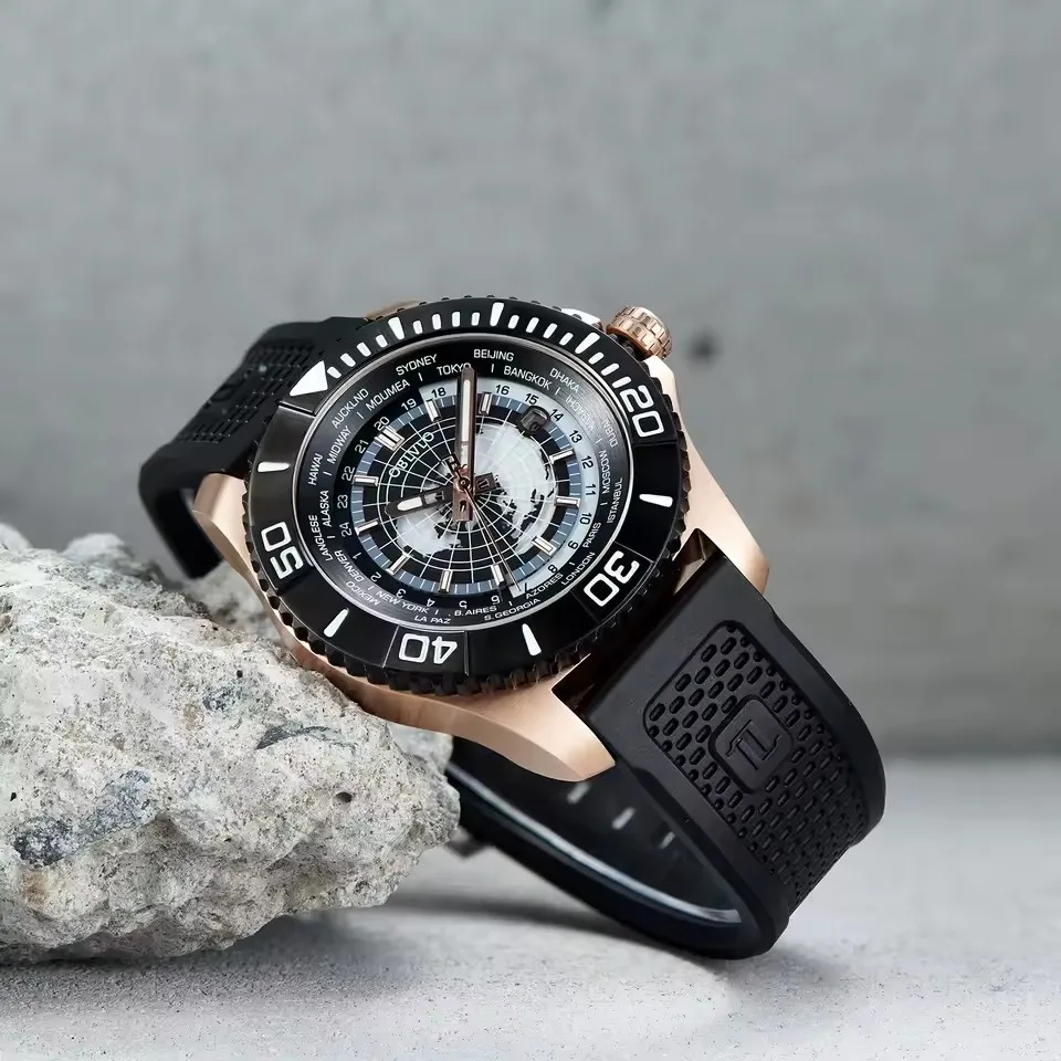 OBLVLO World Time Men's Automatic Watch Diving Sport Mechanical Wristwatch Sapphire Glass Luminous Luxury Waterproof Watch