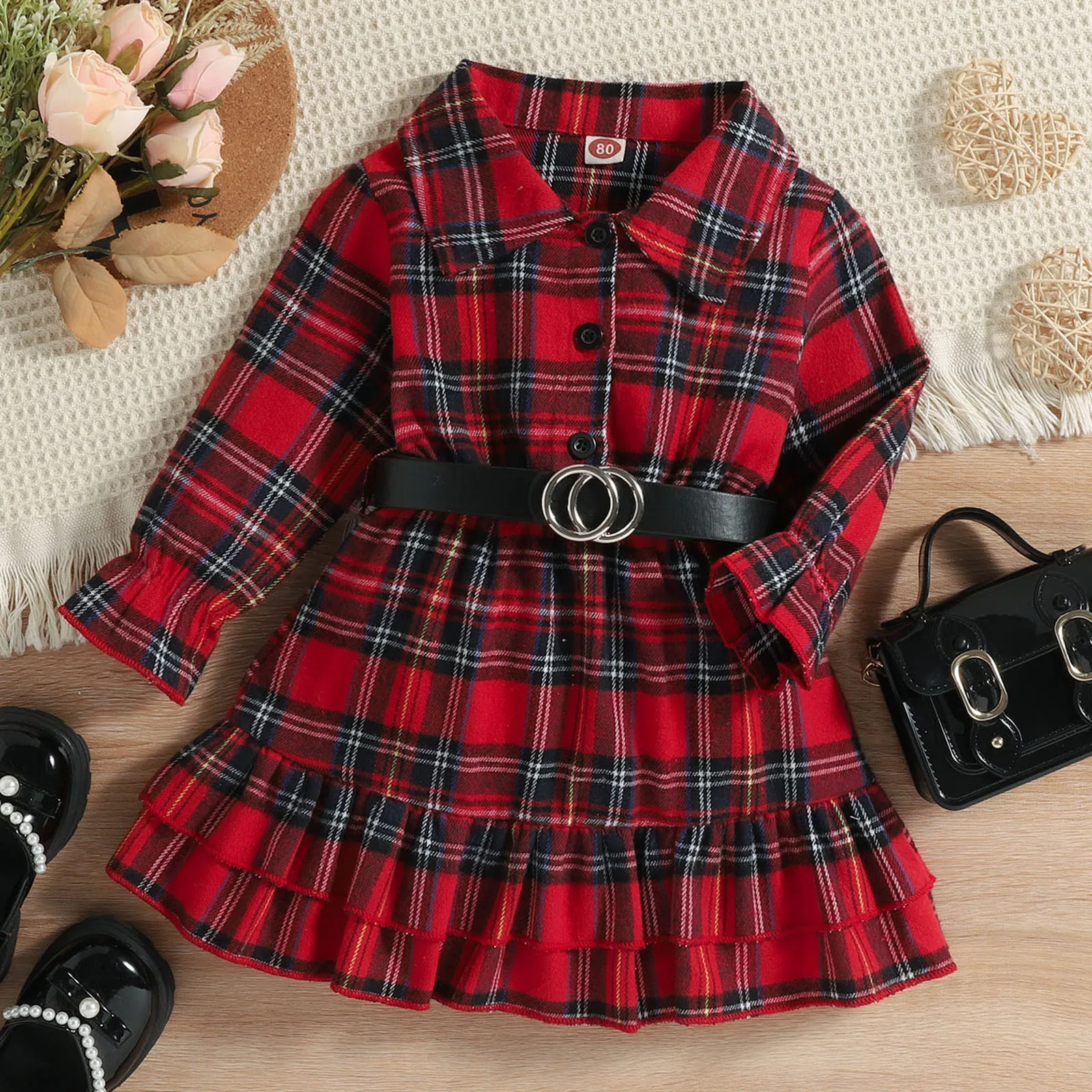 

Kid Girl Dresses Autumn Winter Christmas Princess Brushed English Plaid Long Sleeve Dress+Belt Clothes Baby Girls Dress Outfits