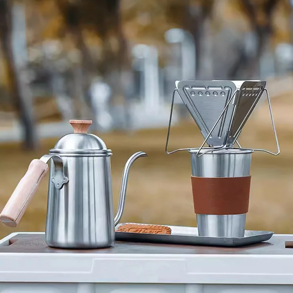 Outdoor hand brewed coffee pot set made of stainless steel material camping, tea making leisure hand ground coffee equipment