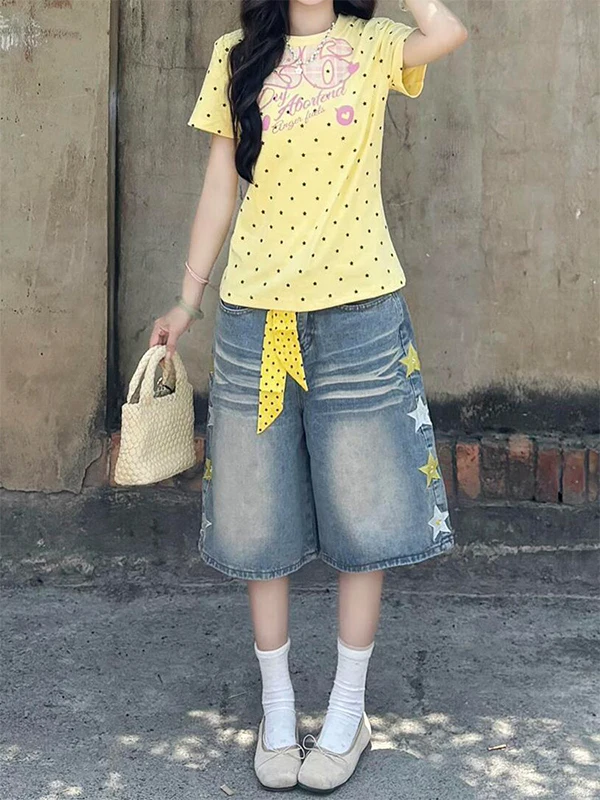 

Retro American Washed Star Embroidery Jeans Women Summer Design Loose Slim Wide Leg Seven-Foot Pants High Waist Button Zipper