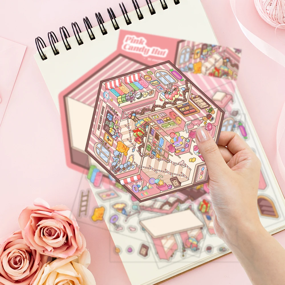 1Set DIY 3D Rosa Candy Shack Miniatur Aufkleber Machen Szenen Warme schöne Aufkleber Visuelle Stapeln Relief Stress Durchgang Die Zeit