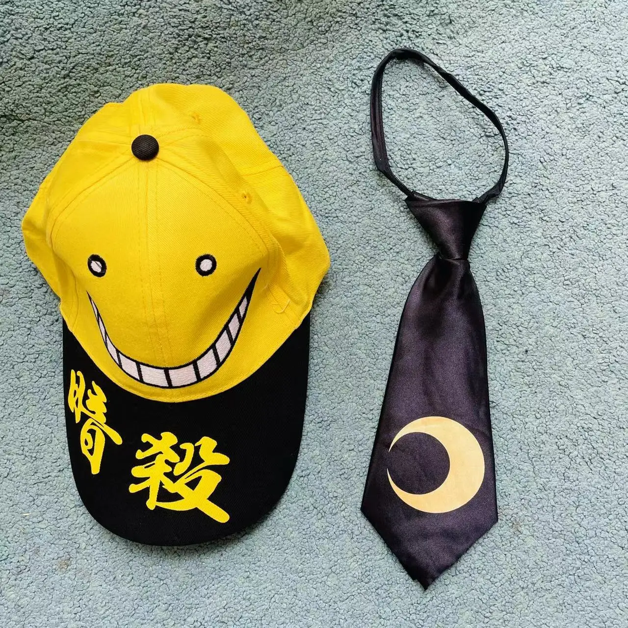 Assassination Classroom Korosensei  Yellow Cap Embroidery Smile Face Hat Crescent moon Printed Tie Halloween Cosplay Accessory