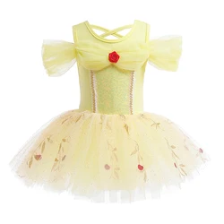 Short Sleeve Glitter Dance Ballet Tutu Leotard Ballerina Outfit for Girls Toddler with belle yellow girl dress