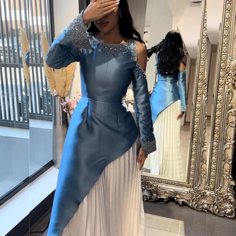    Satin Beading Draped Party A-line O-Neck Bespoke Occasion Gown Long es Saudi Arabia  Dresses 