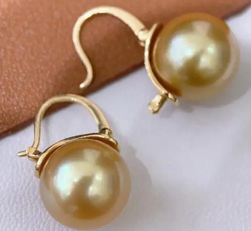 

HUGE AAAA 11-12mm Real South Sea ROUND Natural Golden Pearl Earring 925S