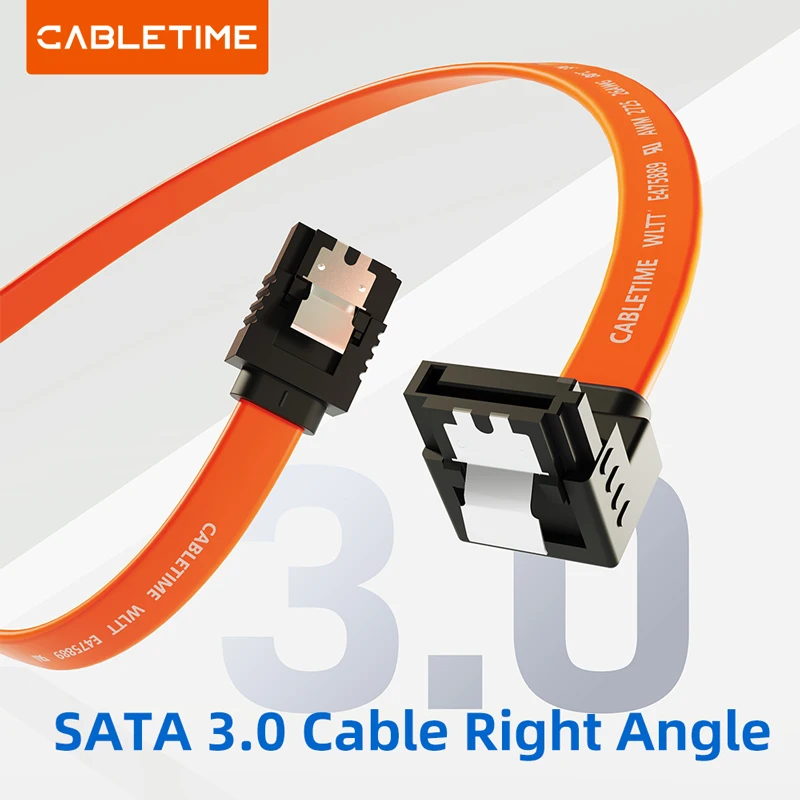 CABLETIME 6Gbps SATA 3.0 Cable Straight Right-angle for SSD HDD - Fast Transmission Desktop Hard Disk Drive Interface