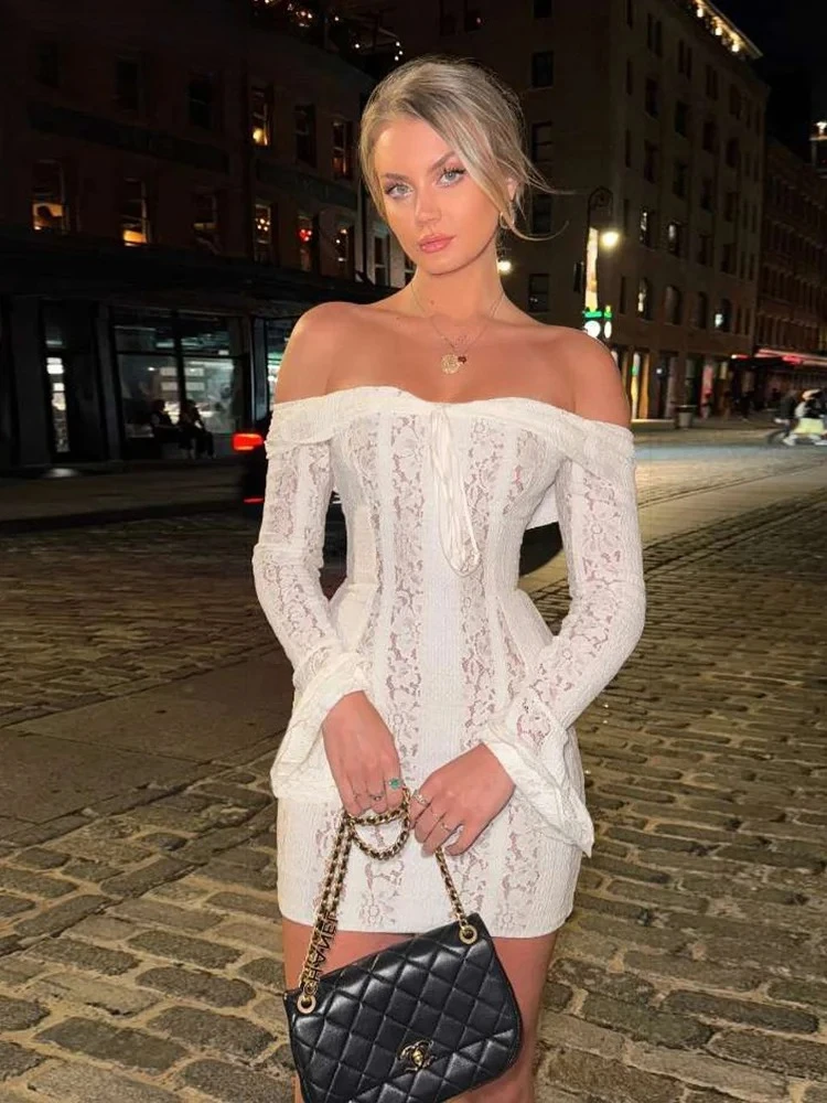 Elegante jacquardjurk dames plooien schuine hals doorzichtige uitlopende mouwen trend middernacht feest streetwear mini bodycon