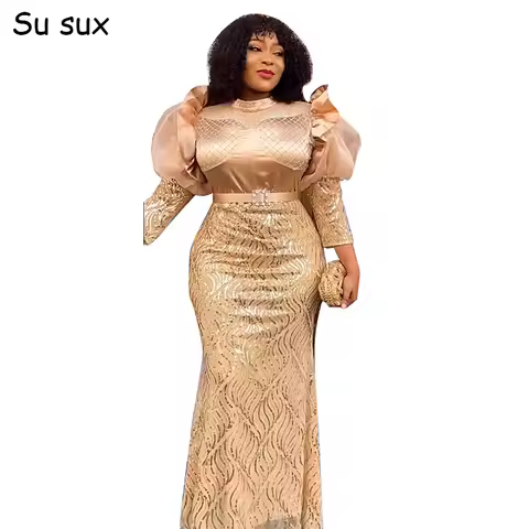 African Dubai Luxury Dress For Women Evening Party Wedding Puff Sleeve High Waist Fishtail Maxi Dress Christmas Prom Gown Robe