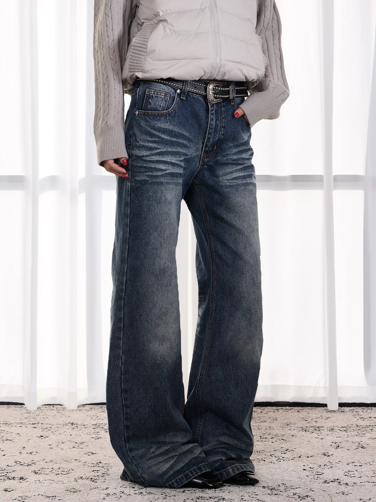 Antsstna Jeans Retrô Americano Unissex, Corte Folgado, Casual, Perna Reta, Calça Comprida, Cintura Média, Braguilha com Zíper...