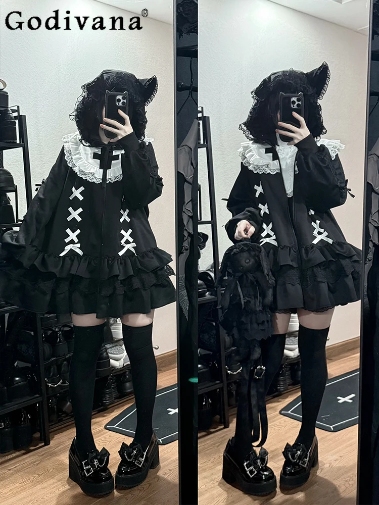 Spring Autumn Sweet Cool Long Sleeve Ruffles Lace Lolita Sweatshirt Coat Girl Loose Fashion Age-reducing Japanese Playful Coats