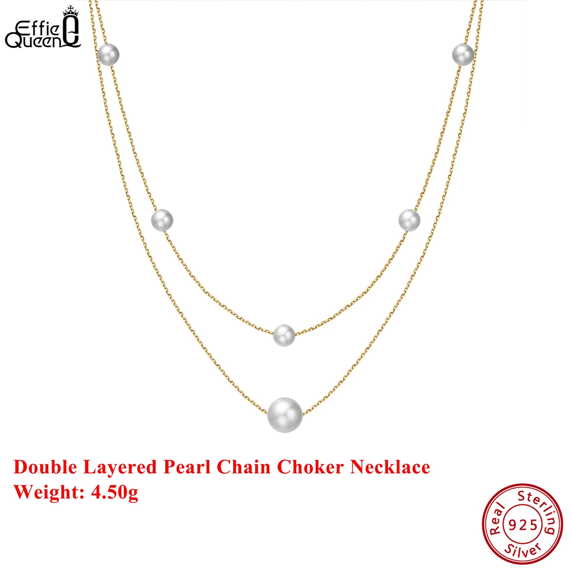 

EFFIE QUEEN Genuine 925 Silver 14k Gold Round Shaped Pearl Chain Choker Necklace Banquet Jewelry for Women Wedding Party GPN31