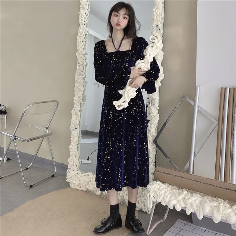 Autumn Winter Long Dress Square Collar Navy Blue Sequined Stars Ribbon Party Dress Flare Sleeve Elegant Midi Dresses For Women