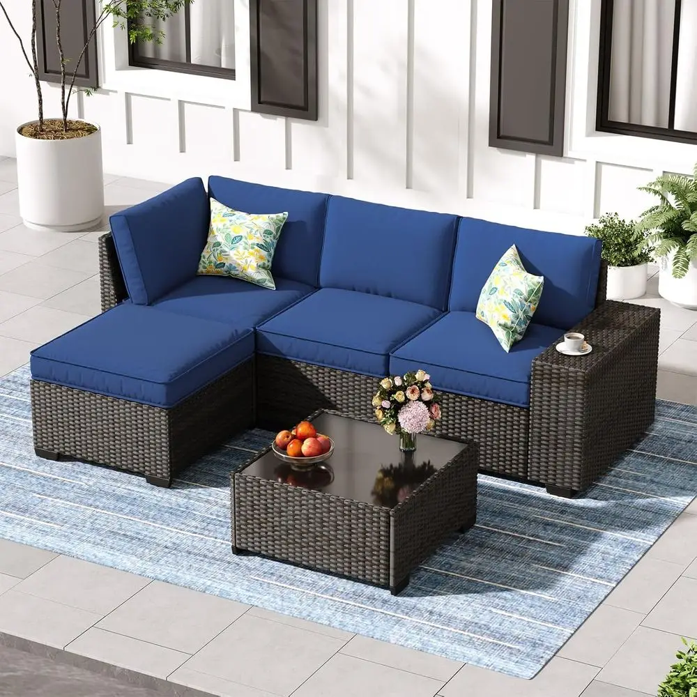 

5-Piece Patio Furniture Set, All-Weather Outdoor Wicker Sectional Sofa with Cushions, Tempered Glass Table & Ottoman, Rattan Con