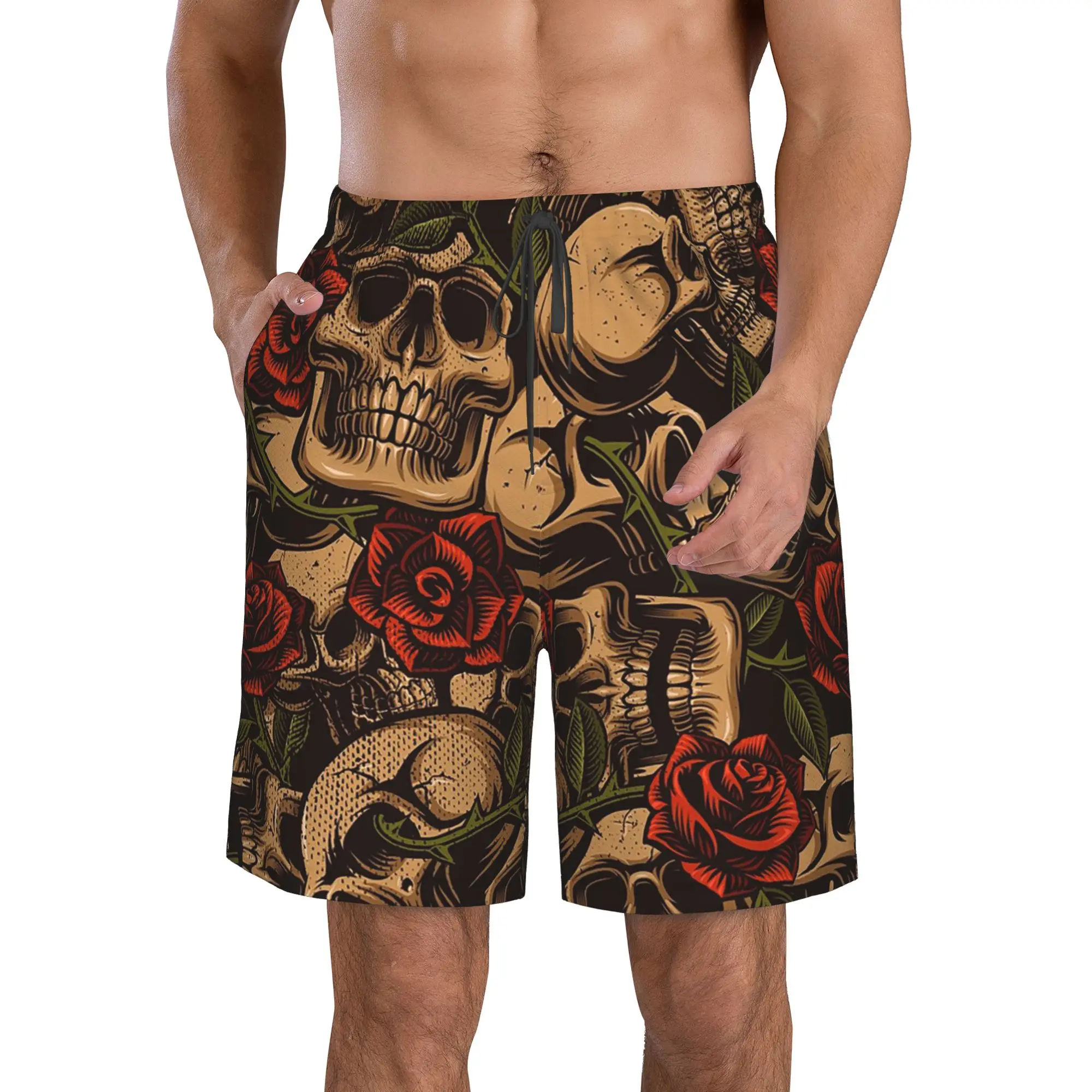 Vintage Skulls & Roses Pattern Trunks Beach Board Shorts Casual Quick Dry Swimming Summer Men Pants