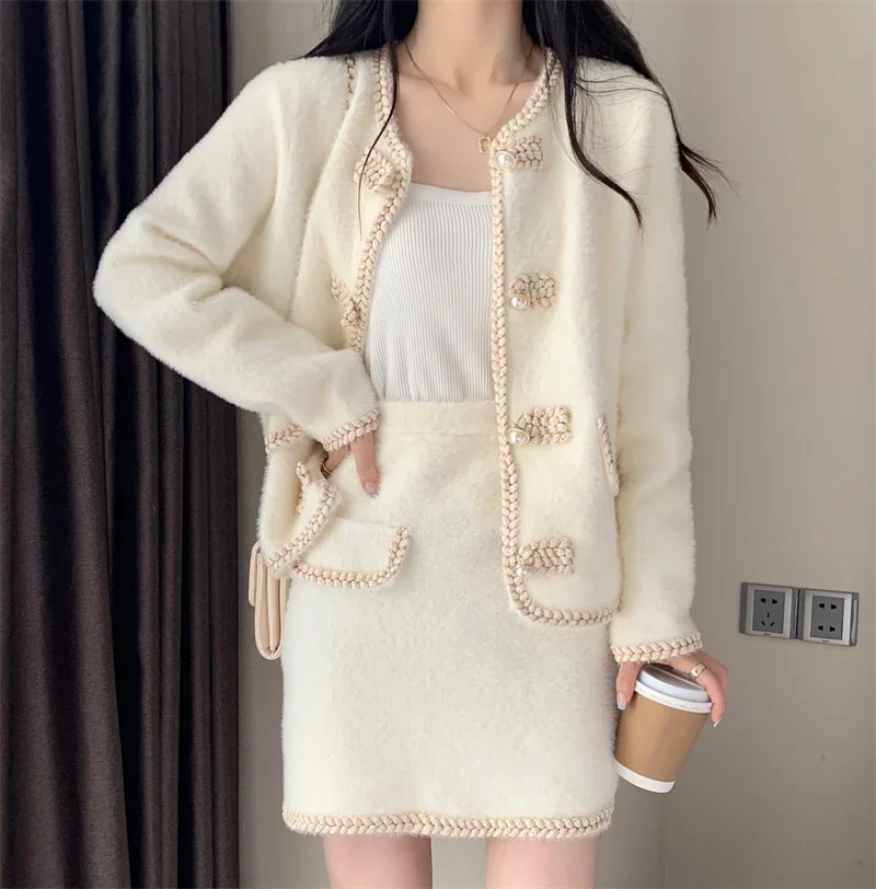 UNXX Real Shot French Chic Style Mature Outfit for Women Autumn/Winter Fashionable Faux Mink Coat and Skirt Two-piece Set Trendy