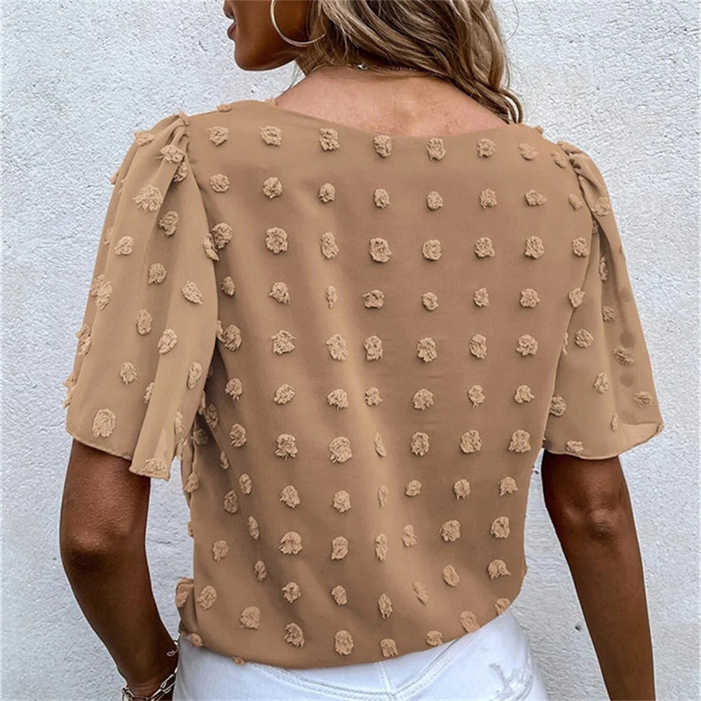 Zomer Blouses Voor Vrouwen 2022 Mode Jacquard O Hals Korte Mouwen Elegant Office Work Lady Shirt Casual Strapping Chiffon Tops