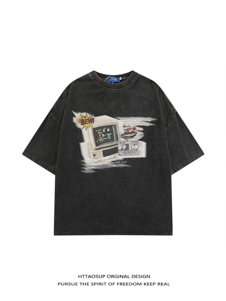 

HTTAOSUP American Retro Computer Washed Loose T-Shirt Summer Oversize Trendy Brand Couple Short Sleeve Cotton round Neck