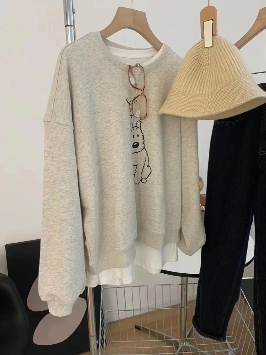 เสื้อฮู้ดดี้ลายการ์ตูนสุนัขตัวน้อย ดีไซน์หลวม สไตล์ลำลอง รุ่นใหม่ ฤดูใบไม้ผลิ/ฤดูใบไม้ร่วง 2024  แบบสองชิ้นในตัวเดียว