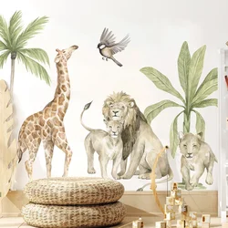 Boho Watercolor Large African Lion Giraffe Wild Animals Tropical Tree Wall Sticker Nursery Wall Decals Kids Boys Room Home Decor