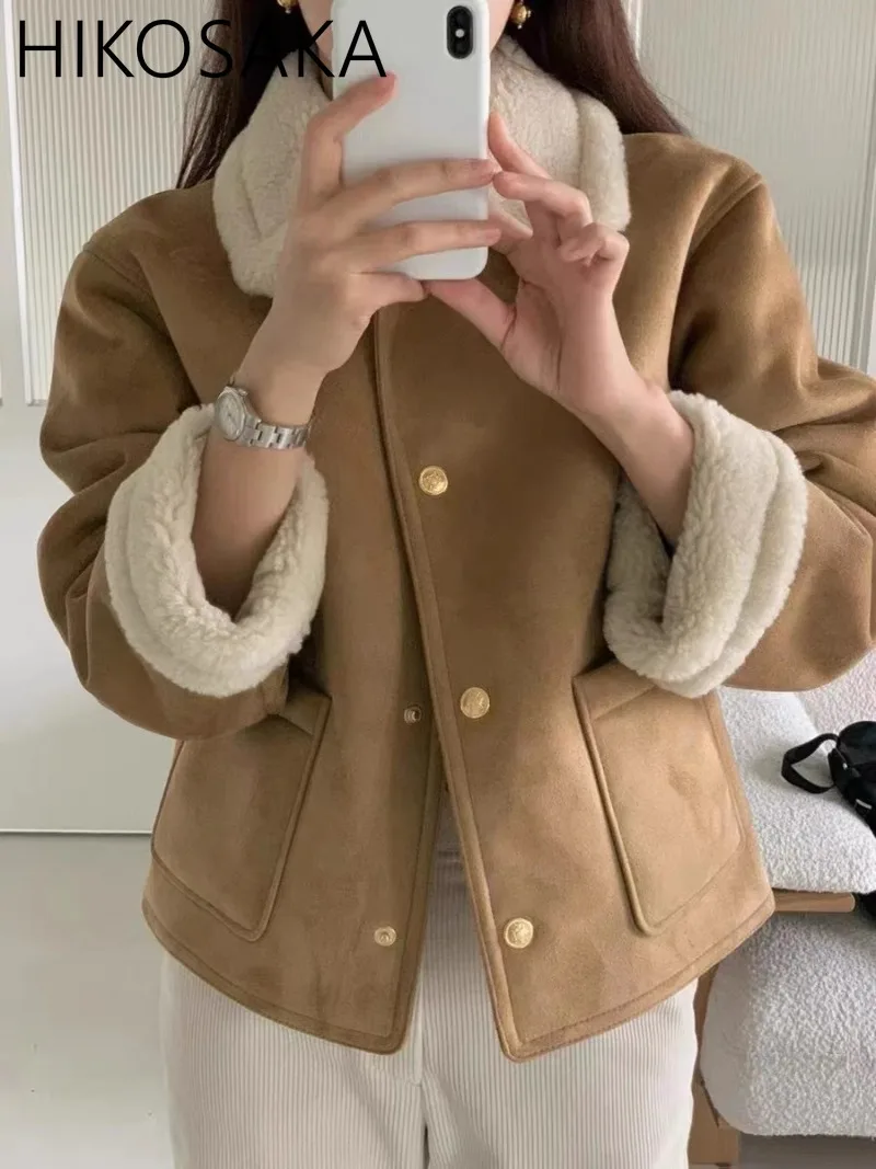 Winter Warm Turn-down Collar Fur One Lamb Wool Coat Korean Chic Casual All-match Jackets Single Breasted Long Sleeve Outwears