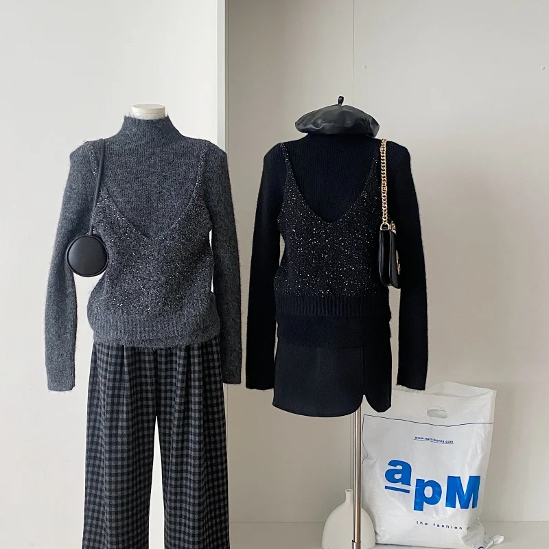 

Women's Elegant Fake Two Pieces Diamonds Camis Shinny Sweater Lady Autumn Wunter Half High Collar Long Sleeve Pullover Jumper