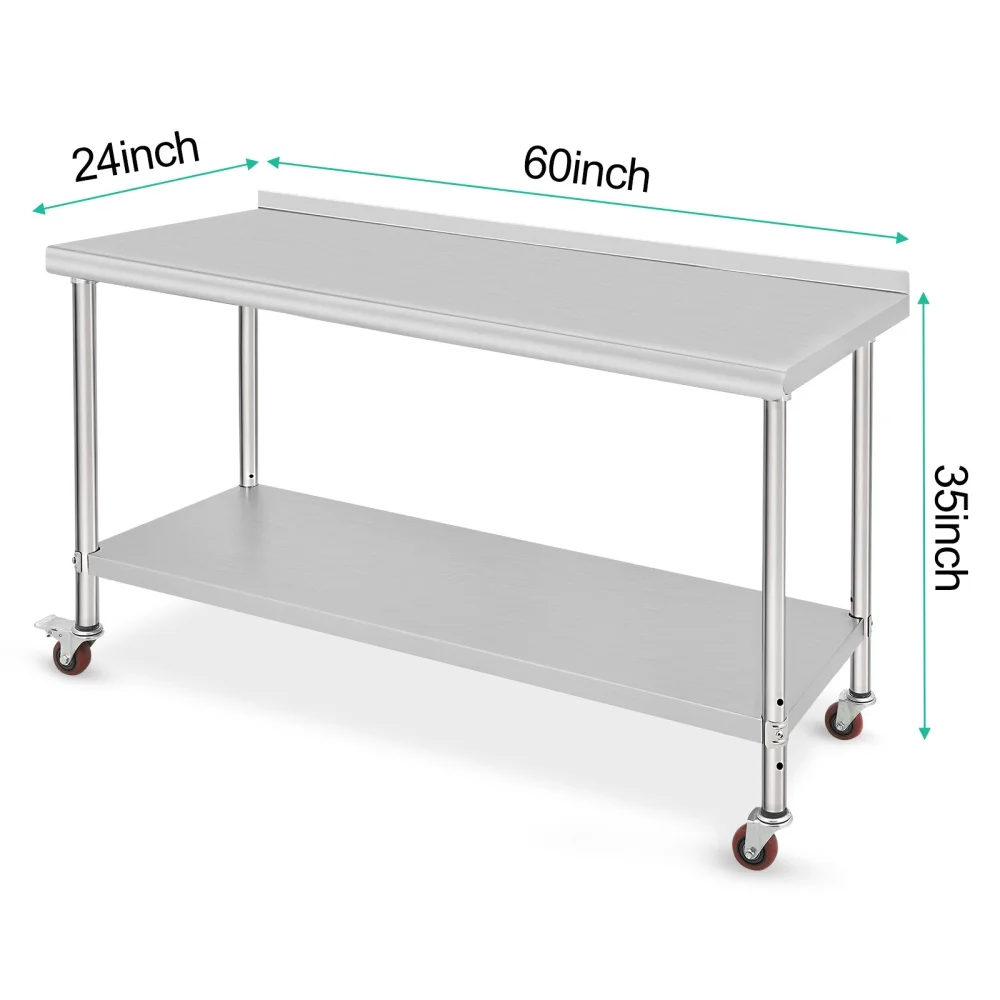 Stainless Steel Work Table 60 x 24 x 35inch Workbench for Prep & Work, with Casters and Backsplash, Adjustable Feet