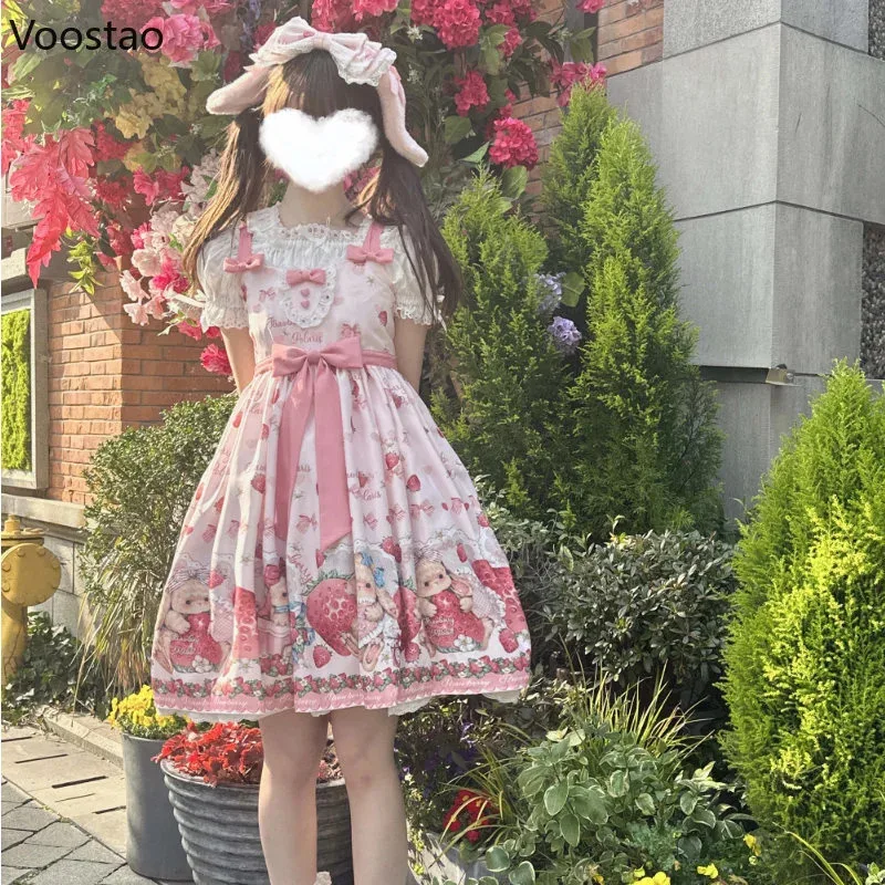 DY20Japanese Sweet Lolita Jsk Dress Strawberry Cartoon Cute Bunny Print Princess Party Dresses Summer Girl Cute Bow Suspenders D