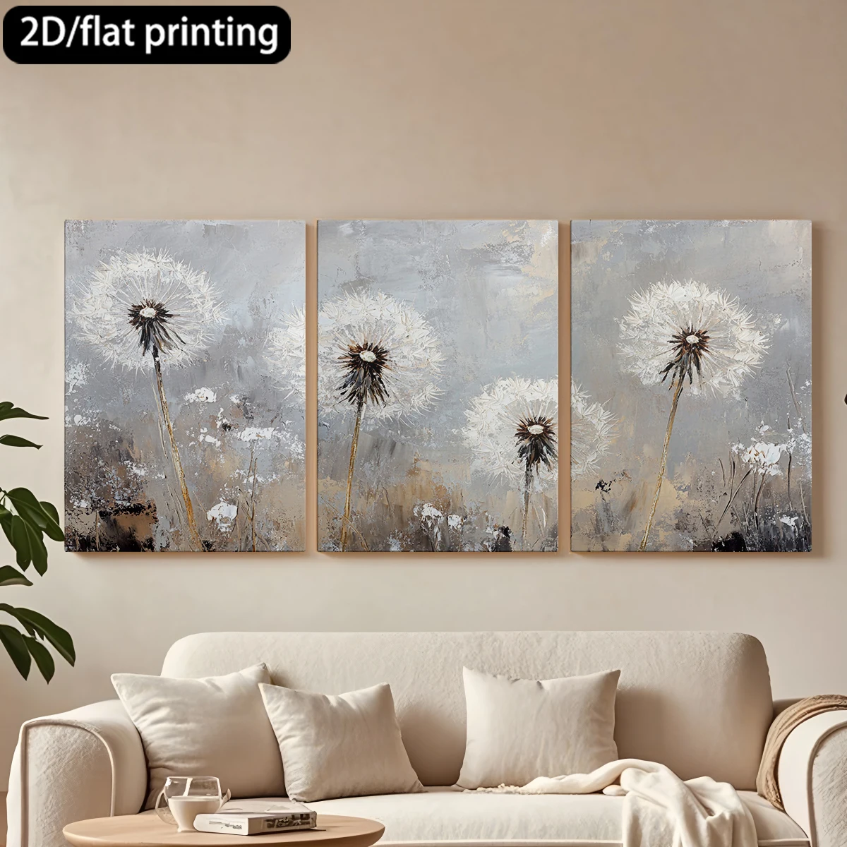 

Декоративная картина на холсте в деревянной раме, 3 шт., абстрактные одуванчики, сероватый фон. Декор для коридора и спальни.