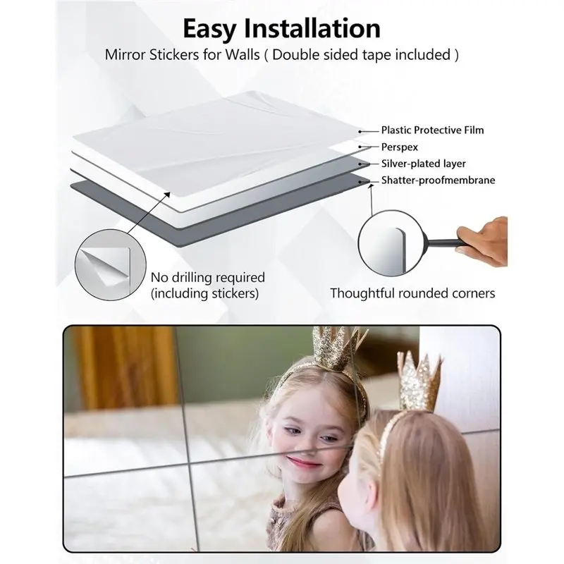 DTA4-Small Mirrors For Wall Decorative Shatterproof Peel And Stick On Mirror Tiles 8 Pcs 16X12 In Unbreakable