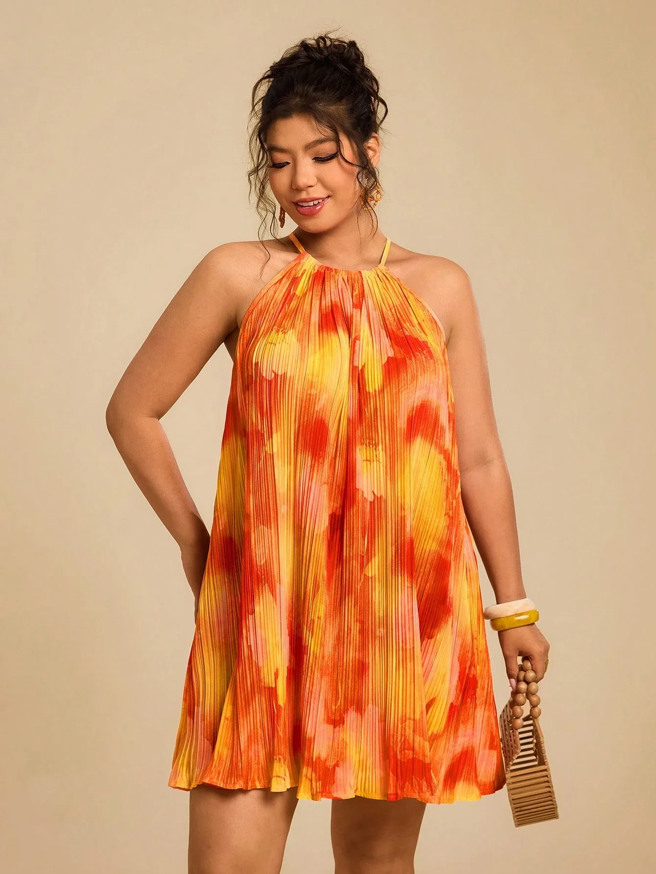 

Plus Size Women Summer Beach Tie Dye A-Line Flowy Halter Mini Dress