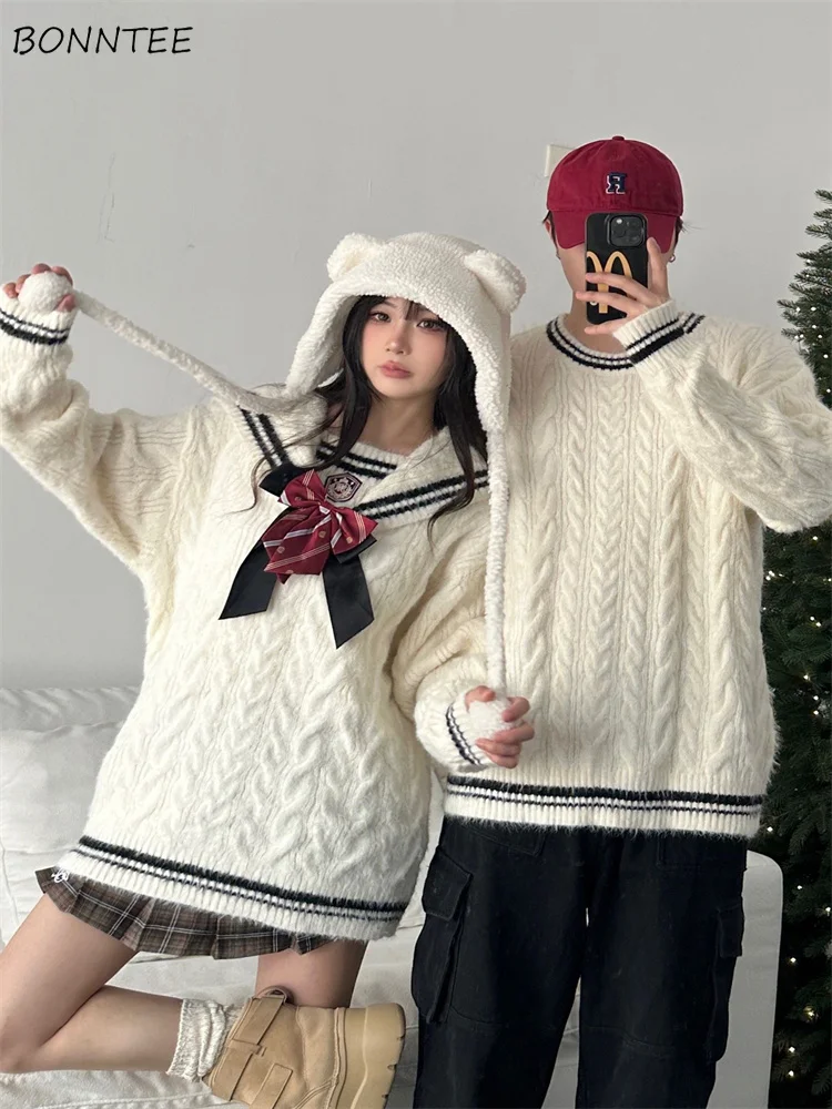 

Preppy Pullovers Women Loose Casual Knitted Vintage Couples Jumpers Temper Autumn Winter Basic Gentle Sweater Slouchy Daily Ins