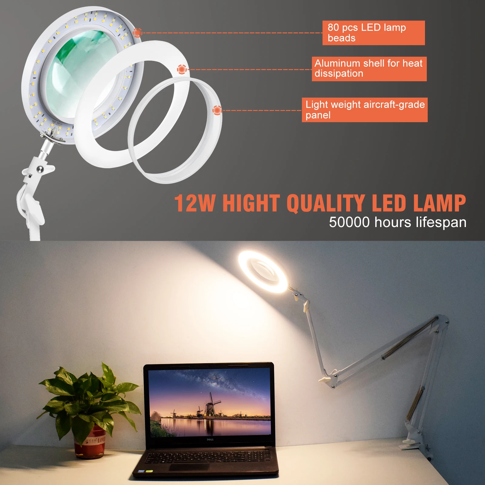 5X Magnifying Glass with Light Swing Arm Magnifying Lamp 3 Color Modes Stepless Dimmable 5-Diopter Real Glass Lens Magnifier