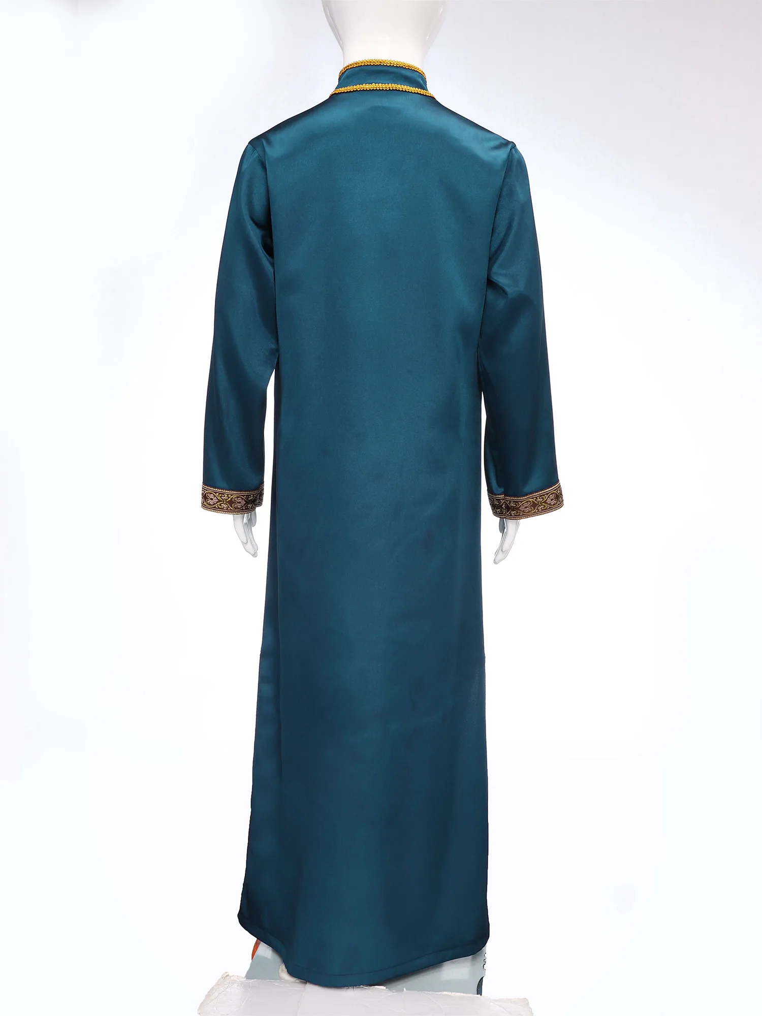 Elegant Islamic Thobe for Boys Gold Embroidery And Stand Collar Robe Perfect for Eid Festival And Religious Ceremonies
