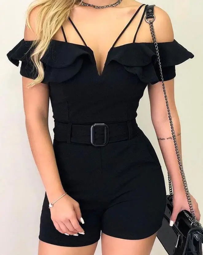 

Jumpsuit Women 2023 Summer Fashion Layered Ruffles Casual Cold Shoulder Solid Short Sleeve Romper Y2K Streetwear with Belt