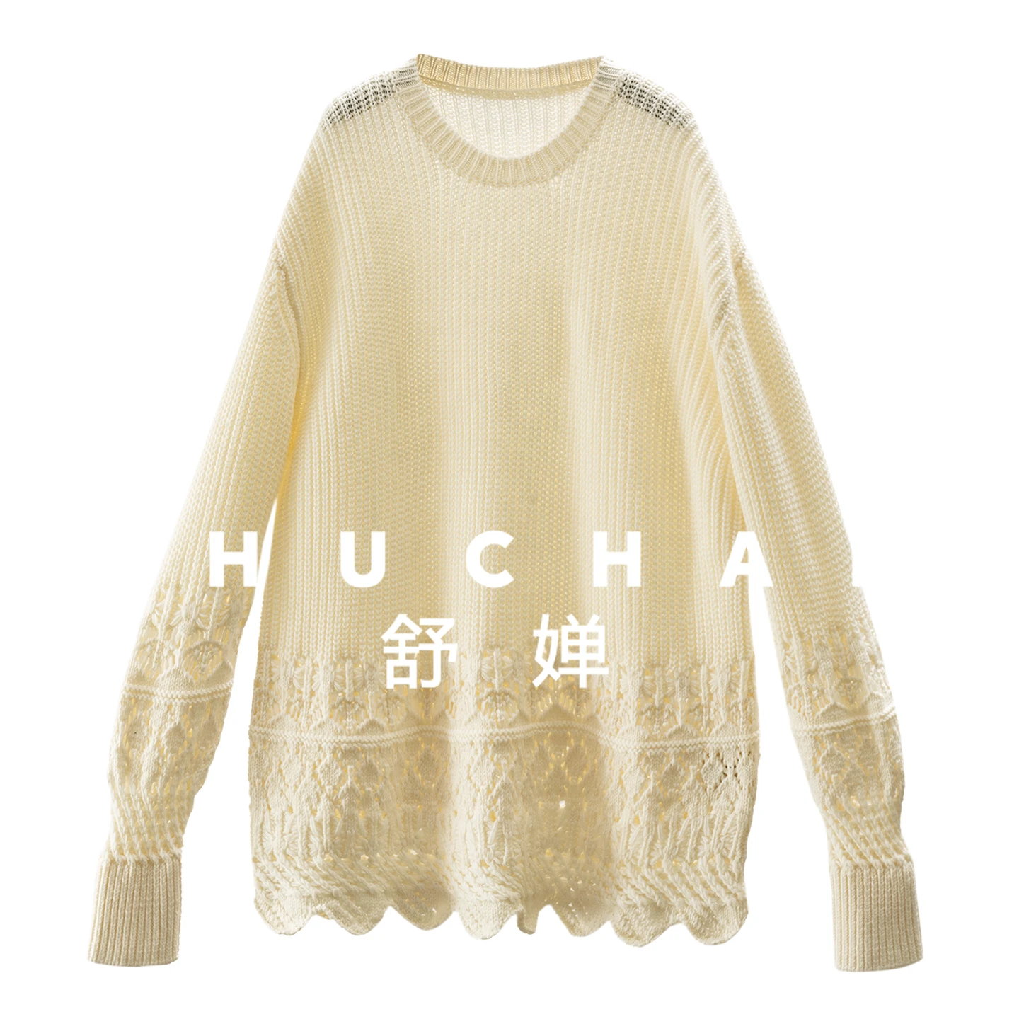 

640g 100g Wool Heavy Industry Hollow Hook Flower Crew Neck Long Sleeve Sweater Women's 57F4 Sueter Mujer Invierno