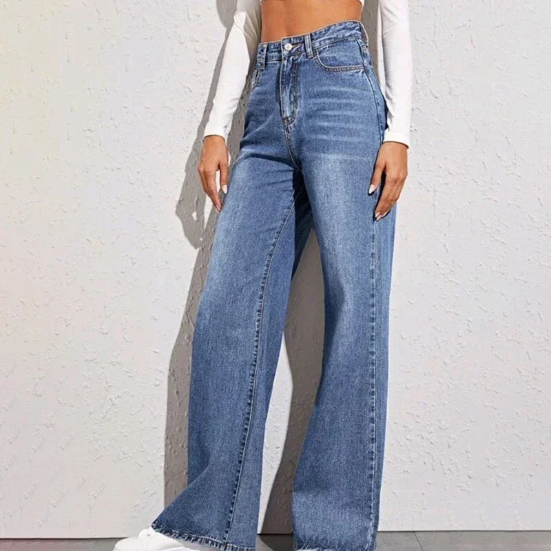 Light blue jeans women spring summer 2024 new retro high-waisted slimming straight mopping pants loose wide legs