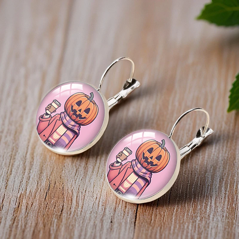 2025 موضة جديدة اليقطين رجل القهوة قرط كبس القرط المستديرة الزجاج كابوشون الفن مجوهرات مطبوعة