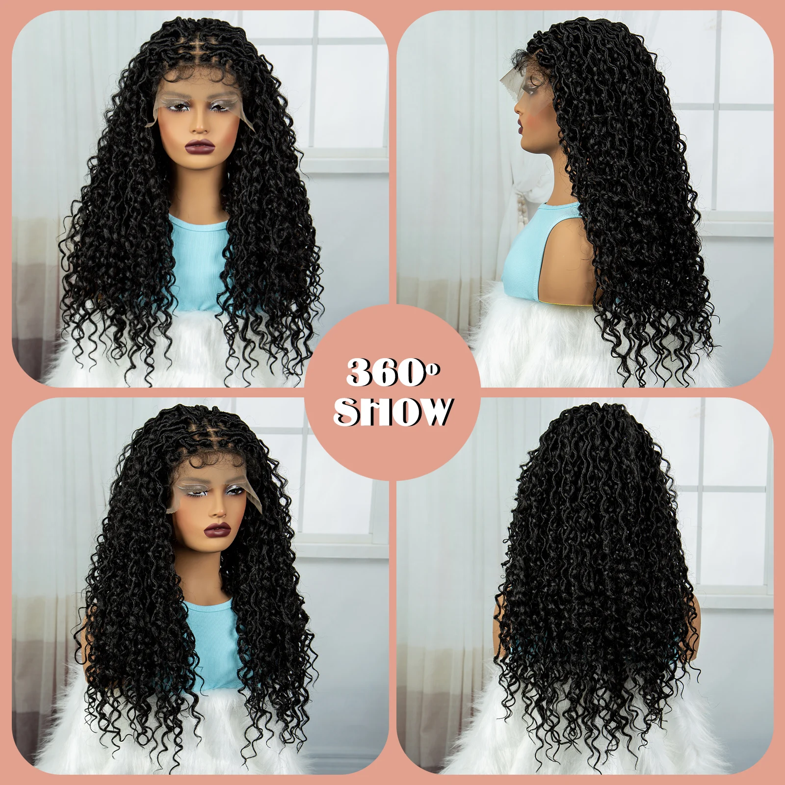 26 Inch Braided Wigs Synthetic Lace Front Square Knotless Box Curly Braiding Hair Wig with PrePlucked Baby Hair for Black Women