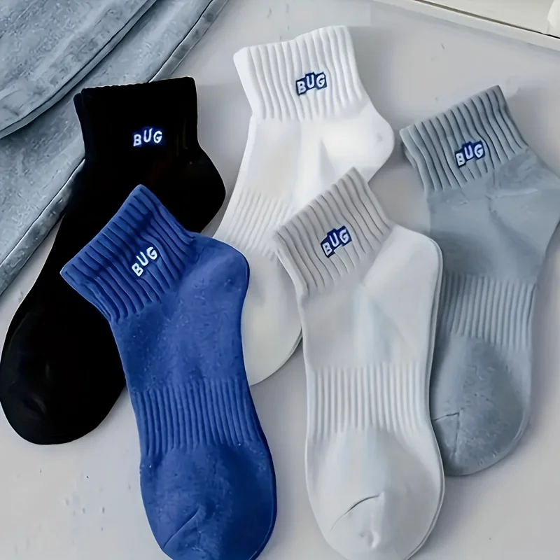 5-Pair Men's "BUG" Logo Breathable Invisible Socks-Elastic Ribbed Pocket Boat Design for Spring/Summer Wear in Multi-Color Pack