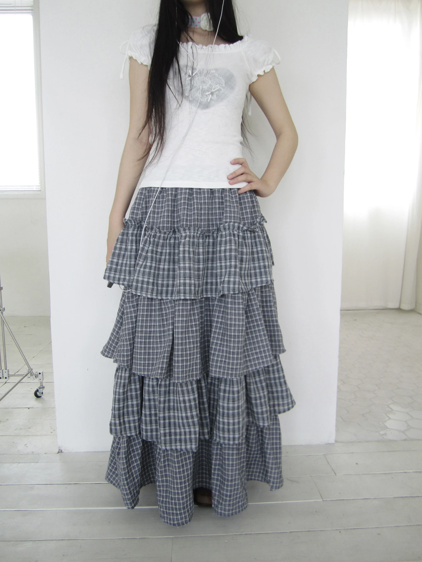 

Angproject Summer Vintage Long High Waist Slimming Plaid Patchwork Cake Skirt Women's Midi Skirt Layered Design Cotton Material