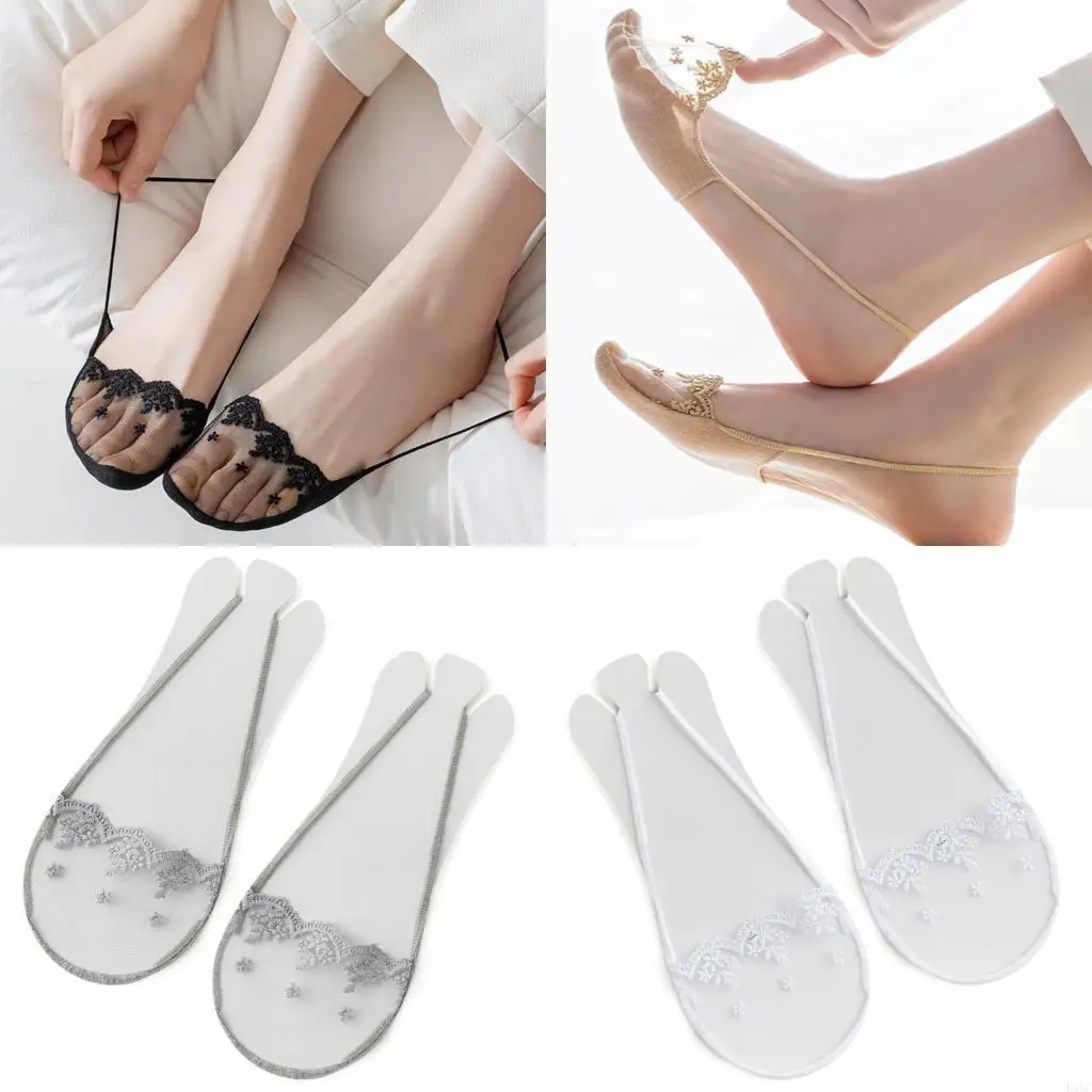 

L5YC Antislip Low Cut Socks Invisible Design Florals Lace Slingback No Show Socks For Ladies Casual Shoe Heel Flats